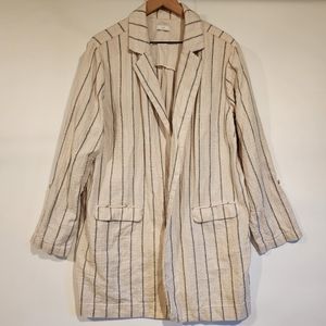 J. Jill Linen Cotton Duster Blazer Jacket Open Front Roll Tab Sleeve Wavy Stripe